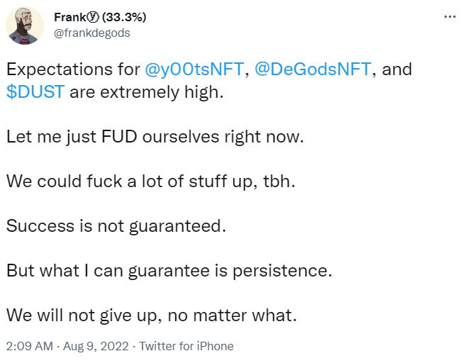 Twitter screenshot of Frank DeGods explaining his persistance while working on the y00ts drop