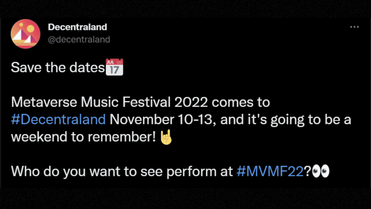 Official Tweet by Decentraland announcing its Metaverse Music Festival