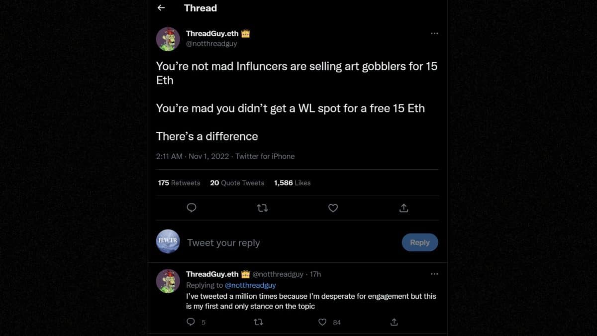 screenshot of a tweet regarding allowlist for Art Gobblers